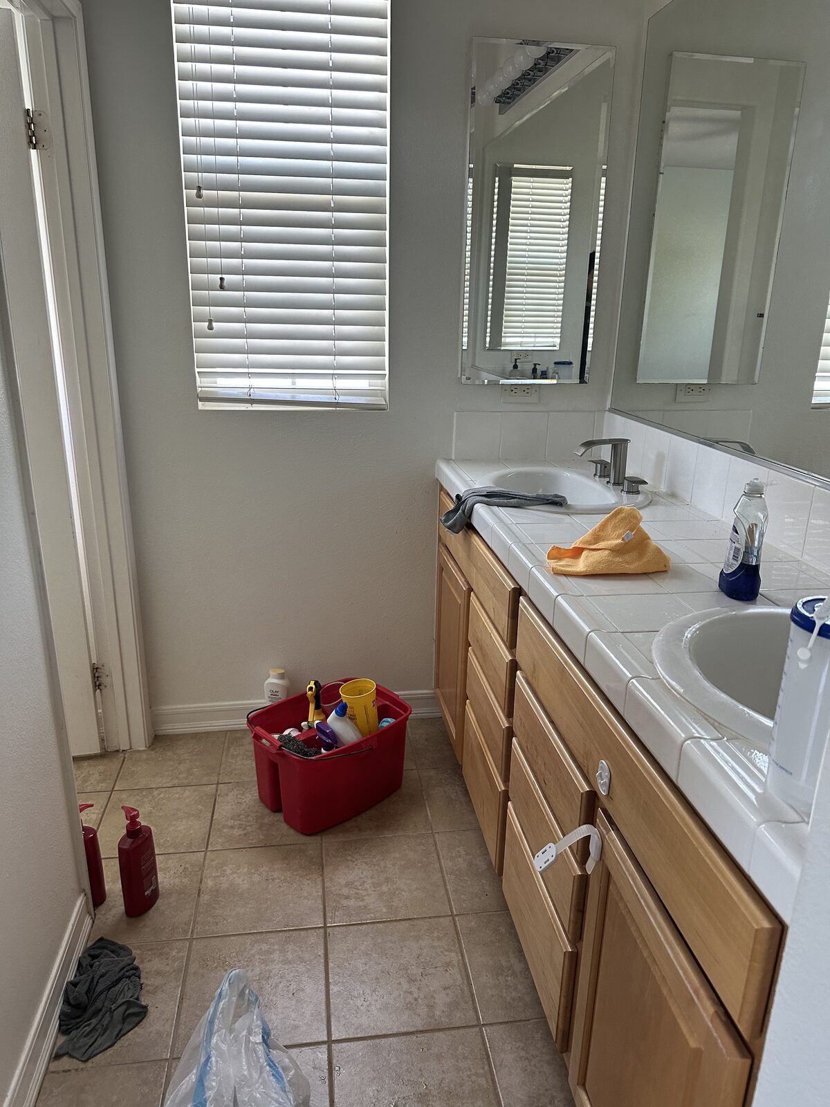 Scrub Bros supply caddy and microfiber cloths mid-clean at a double bathroom vanity